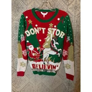 Ugly Christmas Sweater women’s 3-5 Don't Stop Believin' Santa Sleigh Xmas
